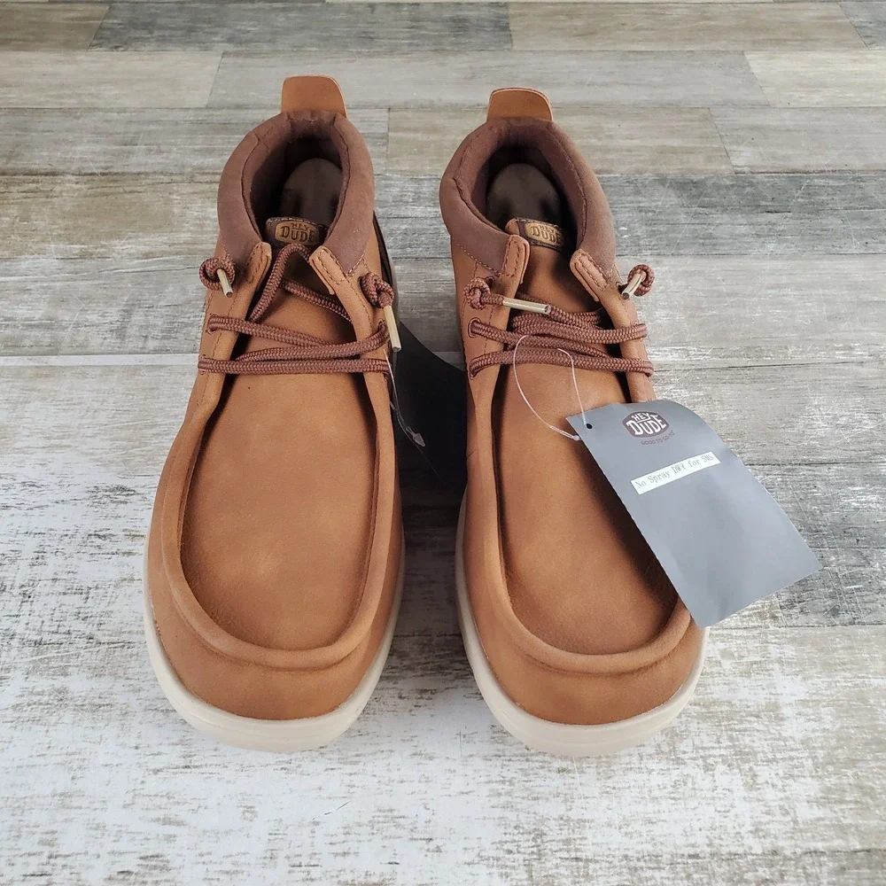 Hey Dude Wally Mid Gripr Classic Mens Shoes Sz 9 Cognac Tan Slip On Moc Toe